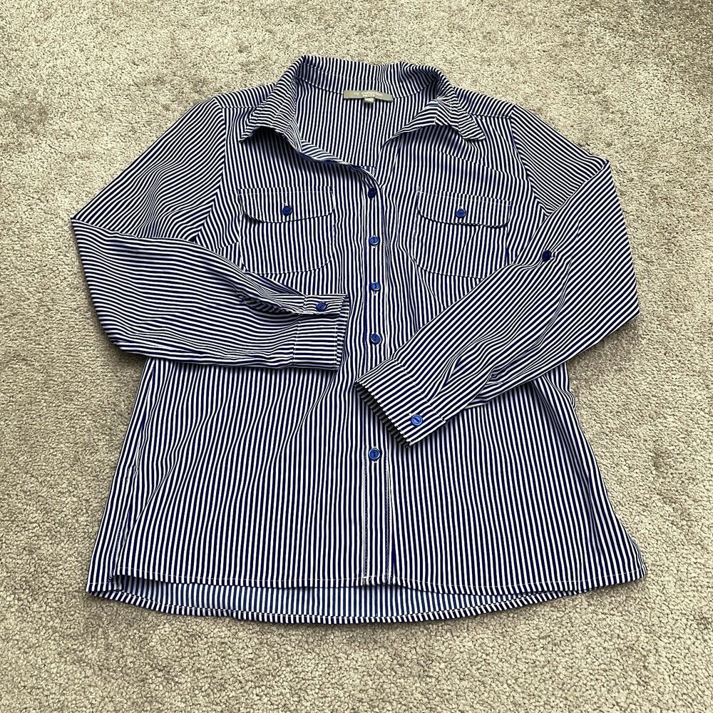 NY Collection Striped Button Down Shirt Womens PS Blue White Long Sleeve Top